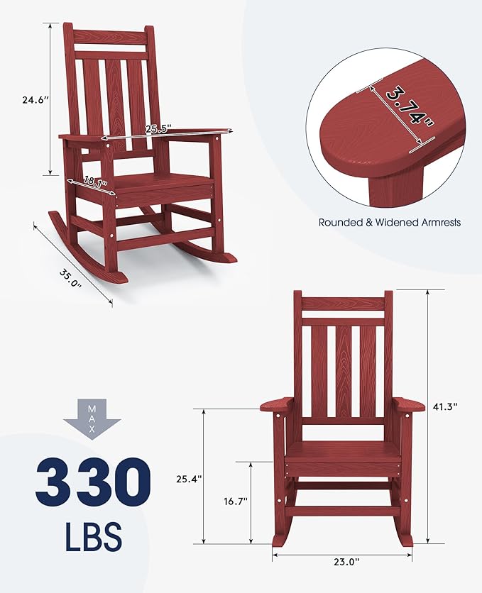 KINGYES Outdoor Rocking Chair Set of 6, All-Weather Patio Rocking Chairs for Porch, HDPE Rocking Outdoor Chairs with High Back for Adult, Heavy Duty Outdoor Patio Rockers for Garden, Lawn, Red