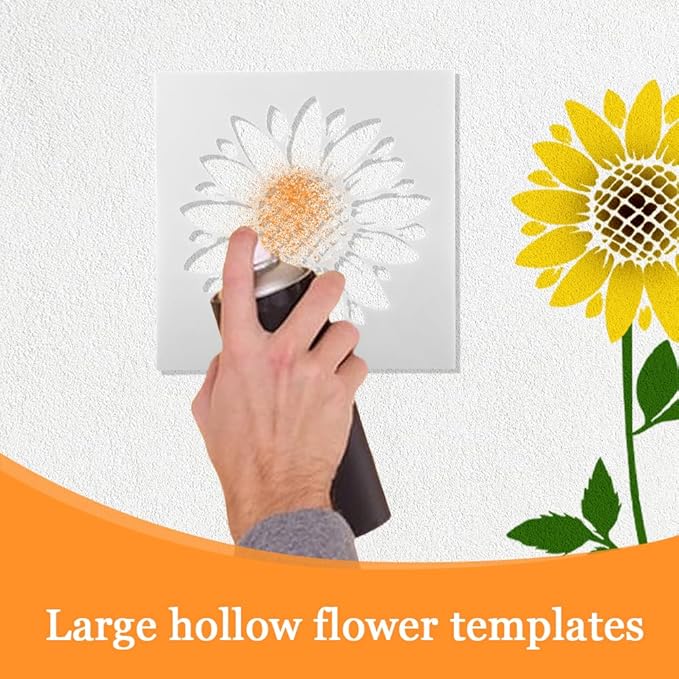 10PCS Large Flower Stencils for Painting, Wall Stencils for Painting, Giant Wall Stencil with Brushes Sunflower Floral Fence Stencil for Walls Garden Fence Furniture
