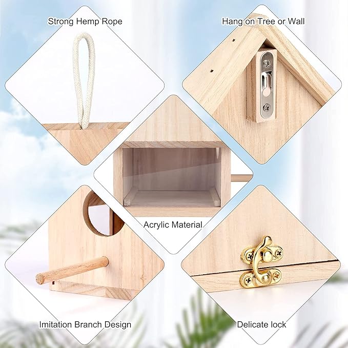 YUEPET 2Pcs Outdoor Bird Houses Transparent Wooden Bird House for Outside with Lanyard and Screws,Hanging Birdhouse Clearance for Finch Bluebird Cardinals Hummingbird