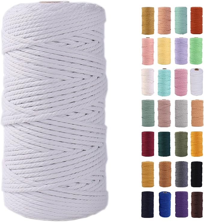 White Macrame Cord 3mm x 109Yards,Colored Cotton Rope Colorful Cotton Cord Soft Craft Cord Twine for Wall Hanging Plant Hangers Crafts Decorative Projects