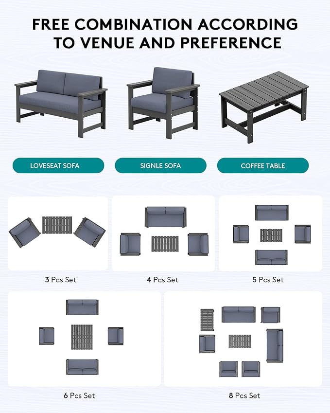 SERWALL 2 Pieces Single Cushioned Sofa Armchair, Grey HDPE Adirondack Outdoor Sofa Lounge with Grey Cushion