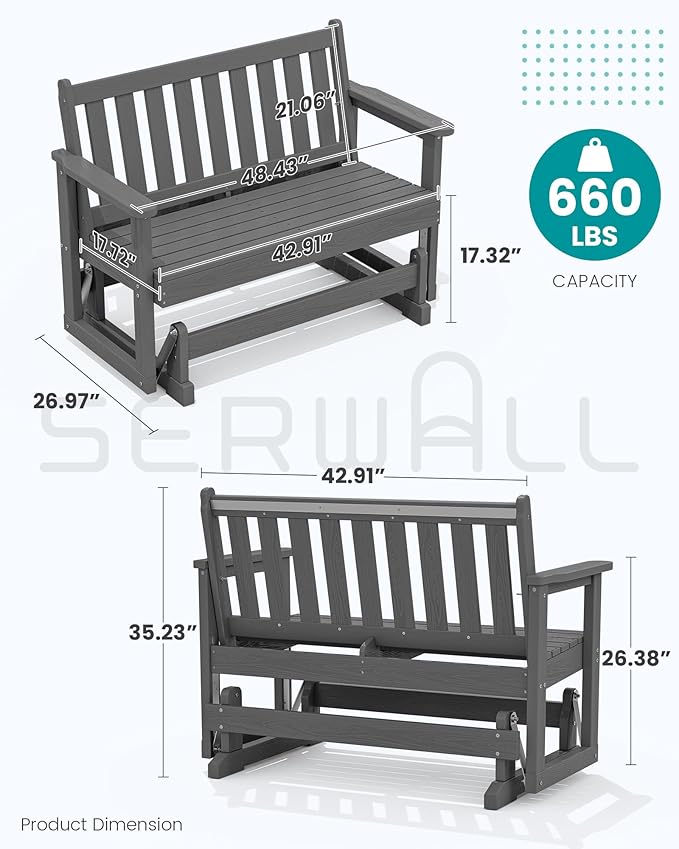 SERWALL Outdoor Glider Bench Set of 4, HDPE Weather-Resistant Swinging Bench for Backyard Garden Porch, Grey