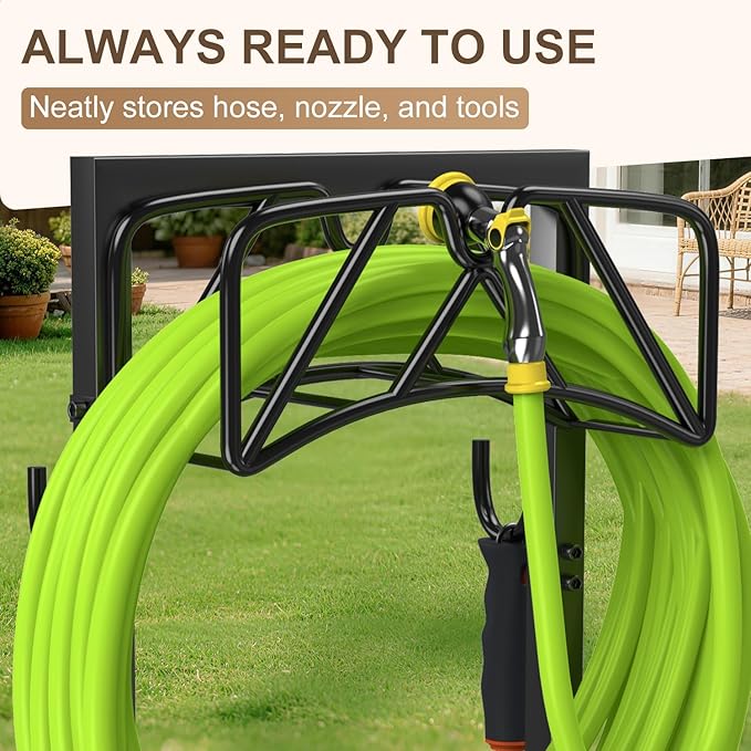 Heavy Duty Freestanding Hose Stand, Garden Water Hose Holder Rack with Tool Hooks, 4 Anchoring Spikes, Holds 150 ft for Lawn & Yard