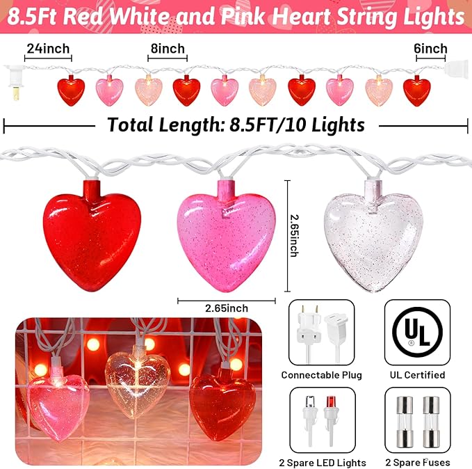 8.5Ft Valentine's Day Decorations Heart Lights String, Valentines Day Lights with 10 LED Red Pink White Heart-shaped with Glitter, Romantic Fairy Light for Valentine Proposal Anniversary Party Decor