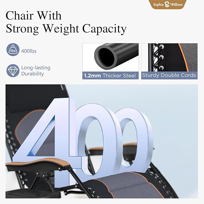 Sophia & William Oversized XXL Zero Gravity Chair Padded, Folding Lounge Chair Outdoor Gravity Chair with Wide Armrest and Cup Holder, Support 400 LBS, Black