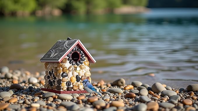 Premium River Pebble Bluebird House – Cedar Wood Outdoor Birdhouse with Embedded Metal Roof, Weather-Resistant Garden Nest Box for Wild Birds, Hanging & Pole Mountable (Red)