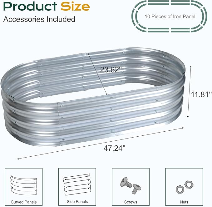 Aoodor Galvanized Raised Garden Bed Kit, 4 x 2 x 1 Ft Oval Planter Box for Vegetables, Flowers, Herbs, Outdoor Use, Silver