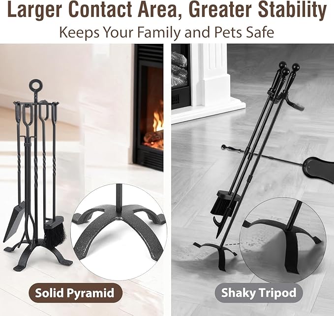 Amagabeli 5 Pieces Fireplace Tools Sets Wrought Iron Indoor Fireplace Set with Poker Tongs Broom Shovel Stand Fire Tools Outdoor Rustic Fire Poker Set Fire Place Hearth Accessories Sets Antique Pewter