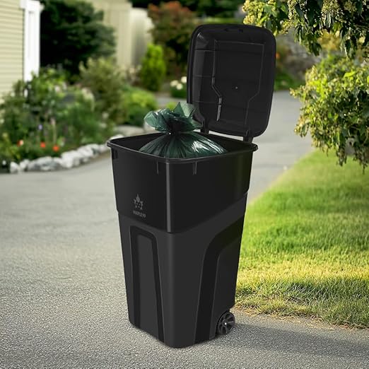 Trash Can With Lid - Ultimate Strength 32 Gallon Wheeled Garbage Can Trash Container - Professional Grade Outdoor Waste Bin with Secure Snap Lid and Ergonomic Handles, Outdoor Recycling Bins, 2 Pack