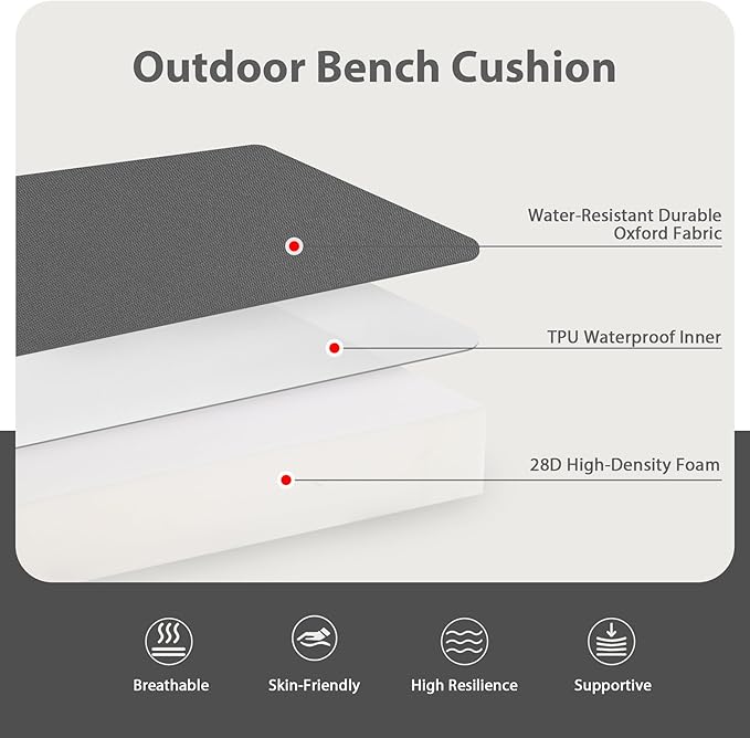 Favoyard Outdoor Bench Cushion 42 x 18 Inch Waterproof Patio Furniture Cushions 3-Year Color Fastness Garden Sofa Settee Couch Swing Pads with Handle and Adjustable Straps, Dark Gray