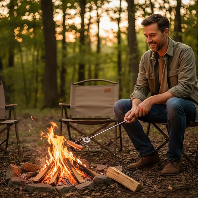 Heavy Duty Hot Dog Roasting Sticks for Campfire, Extendable Marshmallow Sticks for Fire Pit, 32" Long Smores Sticks, Stainless Steel Skewers for Hotdogs and Smores, Beech Wood Handle, 4 Pack