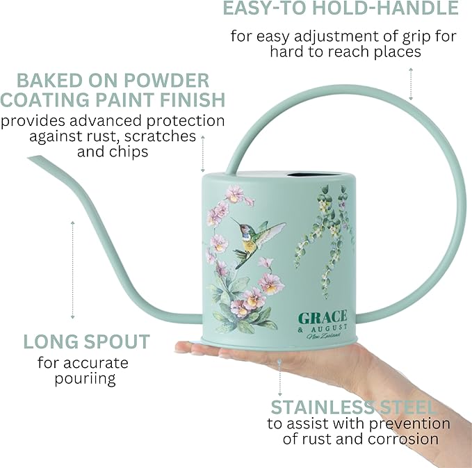 Watering Can for Indoor House Plants & Spray Water Mist Bottle - Cute Decorative Metal Gardening Small Water Can for Houseplants & Flowers with Long Spout - 1.5L 51floz 0.4 Gallon (Hummingbird Sage)