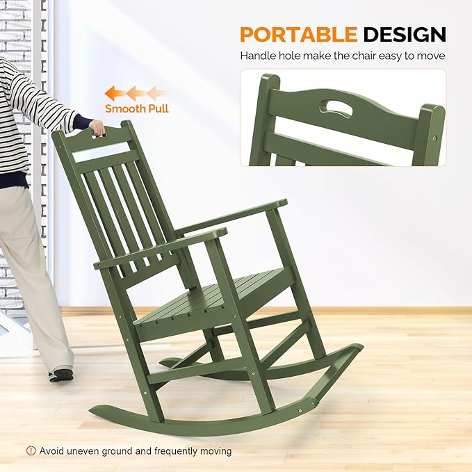 VINGLI Outdoor Rocking Chair with Footrest, Wooden Rocking Chair with 450 LBS Weight Capacity, Patio Rocker with Comfortable Backrest for Garden, Yard (Dark Green, 2PCS)