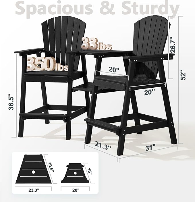 PASAMIC Tall Adirondack Chairs Set of 4, All-Weather HDPE Patio Chairs with Double Connecting Trays, Bar Height Heavy-Duty Outdoor Chairs for Garden, Backyard, Balcony, Black