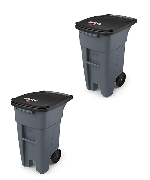 Rubbermaid Commercial Products BRUTE Rollout Heavy-Duty Wheeled Trash/Garbage Can, 32-Gallon, Gray, for Restaurants/Hospitals/Offices/Warehouses/Garage, Pack of 2