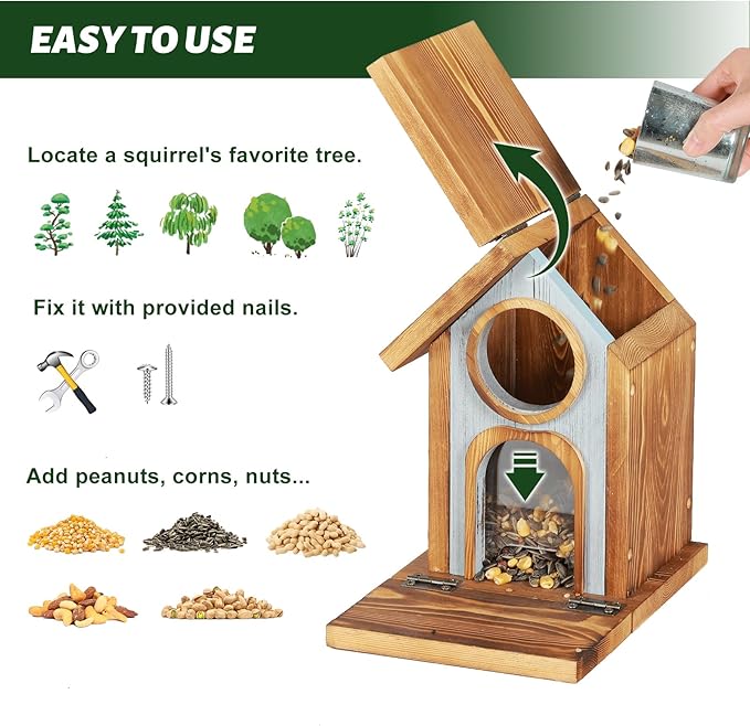 MIXXIDEA Wooden Squirrel Feeder, Large Capacity Squirrels Feeders for Outside, Sturdy Construction, No Assembly Lovely Chipmunk Feeder for Corn, Peanut, Nuts, Chestnuts (Brown-1pk)