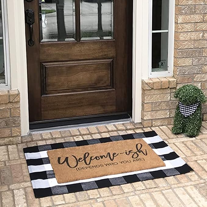 MUBIN Cotton Buffalo Plaid Rug, 3x5 Black and White Check Outdoor Rug Front Door Decorative Mat, Hand-Woven Reversible Foldable Rug for Layered Door Mats Washable Carpet for Front Porch, Entryway