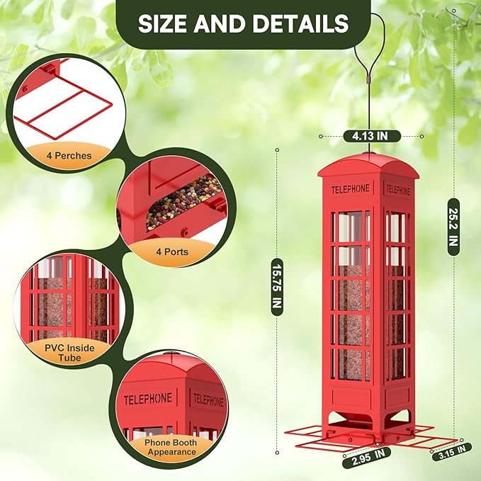 Squirrel Proof Bird Feeder,Weight Activated Outside Hanging Metal Mesh Wild Bird Feeder, 3LB Large Capacity Red Birdfeeders for Cardinals, Finches, Blue Jays, Chickadees