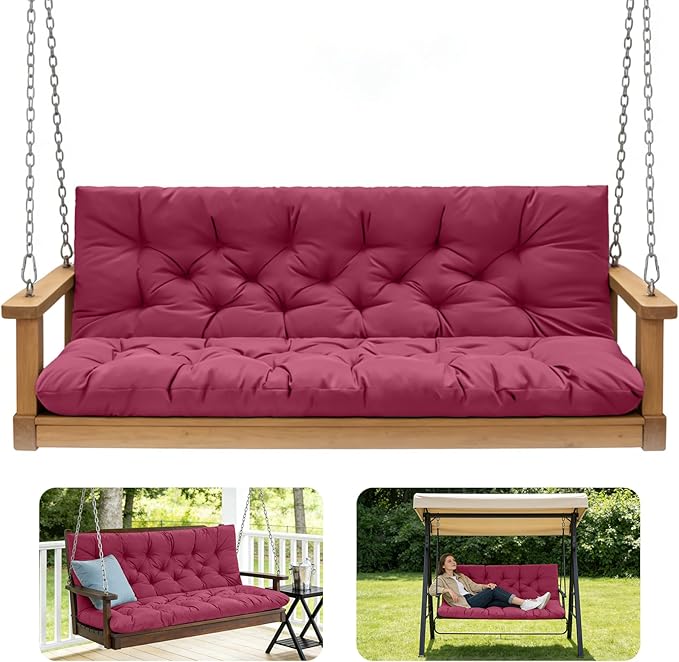 Porch Swing Cushions,Outdoor Cushions 3 Seater Replacement with Backrest, Waterproof Thickened Bench Cushion with Ties for Porch, Patio,Outdoor, Backyard and Garden (Wine Red 40 * 40 in)