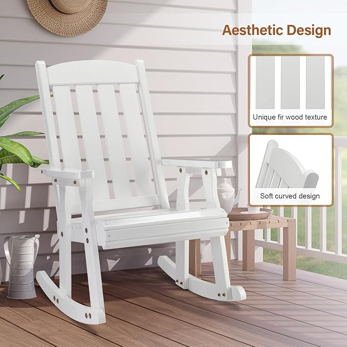 VINGLI Outdoor Rocking Chair, Heavy Duty 600 LBS Wooden Rocking Bench with Comfortable Backrest, Weatherproof Patio Rocker with Ergonomic Design, Wood Rocking Chair for Patio, Garden (White, 2 PCS)