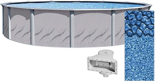 Lake Effect Pools 'Galeria' 24' Foot Round Above Ground Swimming Pool | 52" Inch Height | Boulder Swirl Overlap Liner and Widemouth Skimmer Bundle | Resin Protected Steel-Sided Walls
