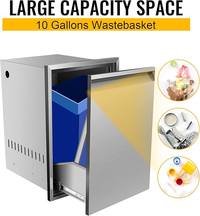 Built-in Double Trash Drawer 16" W x 22.3" H x 18" D, Pull-Out Tray Outdoor Kitchen Stainless Steel Trash Drawer Storage Two Trash Bins for BBQ Island Grill Station