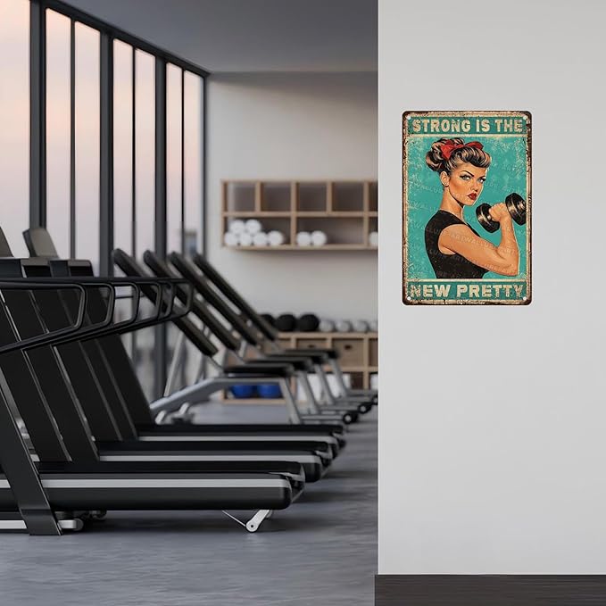 Gym Decor Strong Is The New Pretty Metal Tin Sign Vintage Fitness Motivational Wall Art for Home Gym Workout Room 8x12 Inch
