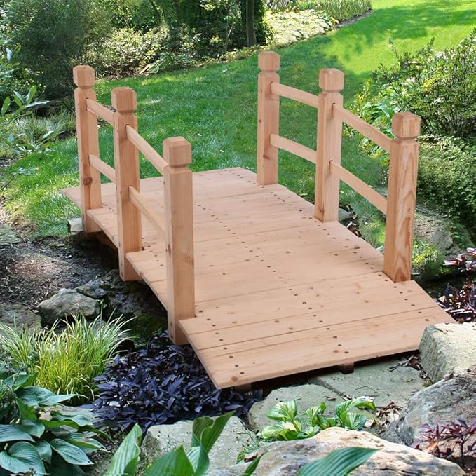 5 FT Wooden Garden Bridge, Stained Wood Arc Footbridge with Railings, 400 lbs Capacity, Decorative Pond Bridge for Outdoor Garden Yard Backyard Creek Farm (Burlywood)