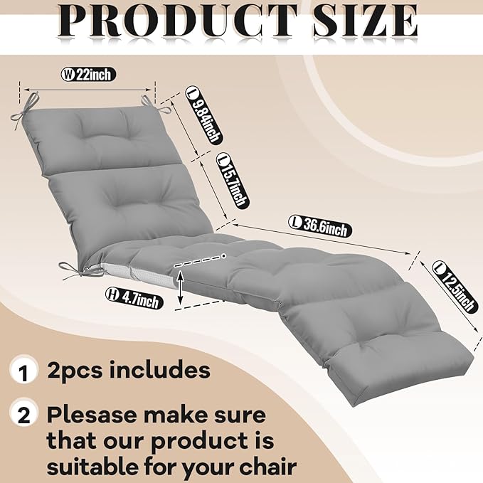 Kigley 2 Pcs Chaise Lounge Cushions 75 x 22 x 5 Inches Soft Lounge Chair Cushion Spring/Summer Seasonal Replacement for Outdoor Indoor Home Office (Light Gray)