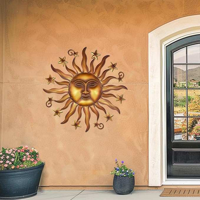 LIFFY 24" Sun Metal Wall Art Outdoor Decor - 3D Sun Face Metal Wall Sculpture - Hanging Decoration Gift Ideal for Home Accent, Bedroom, Garden, Patio, Farmhouse - Lively and Vibrant