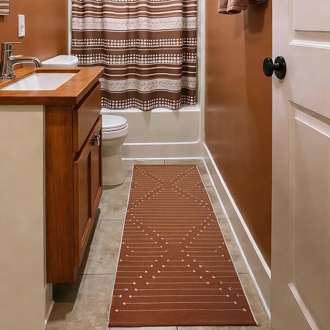 LIVEBOX Boho Burnt Orange Runner Rug 2x6 for Bathroom Kitchen Entryway, Cotton Woven Washable Bedroom Rug Runners,Hallway Laundry Room Decor Throw Rugs