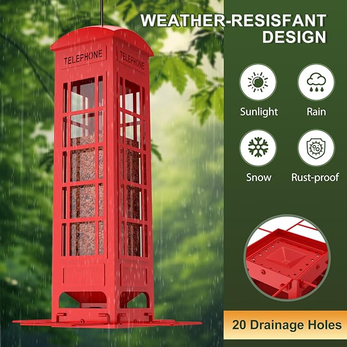 Squirrel Proof Bird Feeder,Weight Activated Outside Hanging Metal Mesh Wild Bird Feeder, 3LB Large Capacity Red Birdfeeders for Cardinals, Finches, Blue Jays, Chickadees