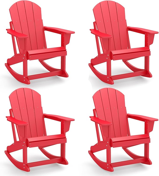 GREENVINES Adirondack Rocking Chairs Set of 4 | HDPE Plastic | Porch Rocker | Chair for Outdoor Patio Deck | All Weather | Red