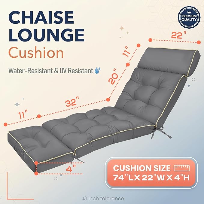 MAGIC ELEPHANT Chaise Lounge Cushion Outdoor, Memory Foam Replacement Patio Pool Lounge Chair Cushion with Ties for Outdoor Furniture, 74 x 22 x 4 Inch (Gray)