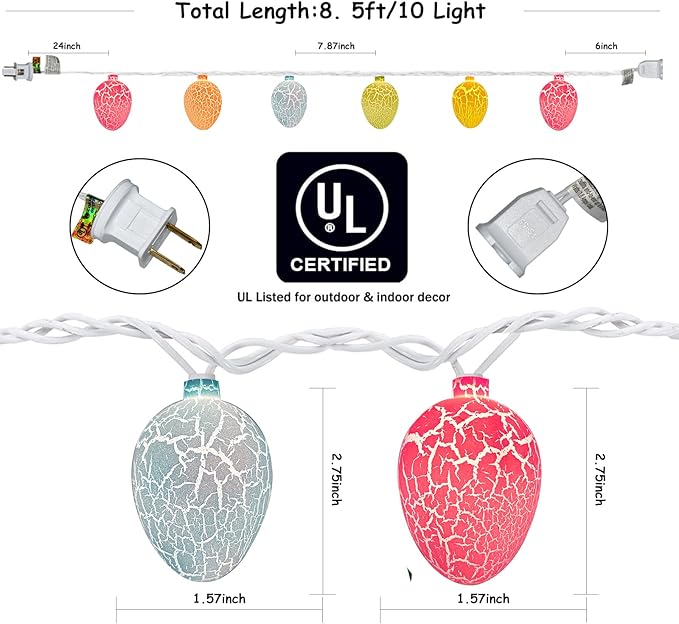 Easter String Lights, 8.5Ft Easter Day Egg Lights with 10 Multicolor Crack Egg, Plug-in Easter Fairy String Lights Waterproof Connectable for Indoor Bedroom Patio Garden Spring Theme Party Decor