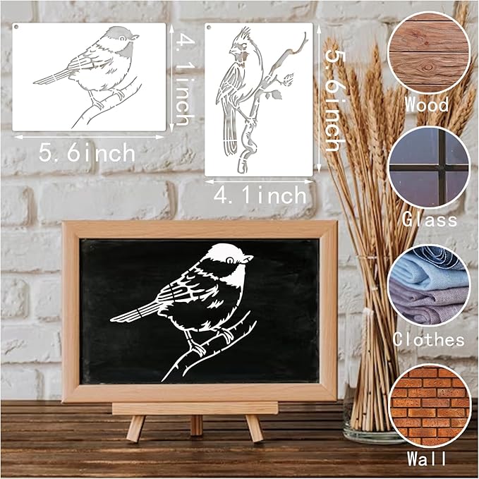 Birds Stencils for Painting on Wood Crafts - Reusable Hummingbird on Tree Branch & Owl Paint Stencil for Card Making, Wall, Fabric, Shirt, Furniture(12 Bird A6)