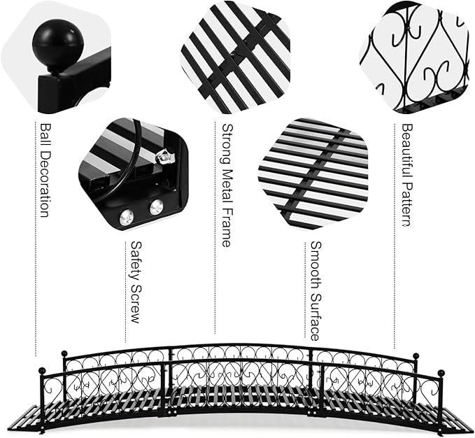 Metal Garden Bridge 8 FT, Durable Decorative Footbridge with Siderails Large Outdoor Bridges, Weight Capacity 770 lbs for Backyard, Creek, Lawn, Stream