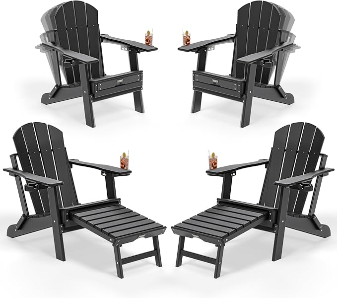 VINGLI Back-Adjustable Plastic Folding Adirondack Chairs Set of 4 with Retractable Footrest & 2-in-1 Cup Holders, Waterproof HDPE Outdoor Fire Pit Chairs for Patio, Pool, Capacity 400 LBS, Black