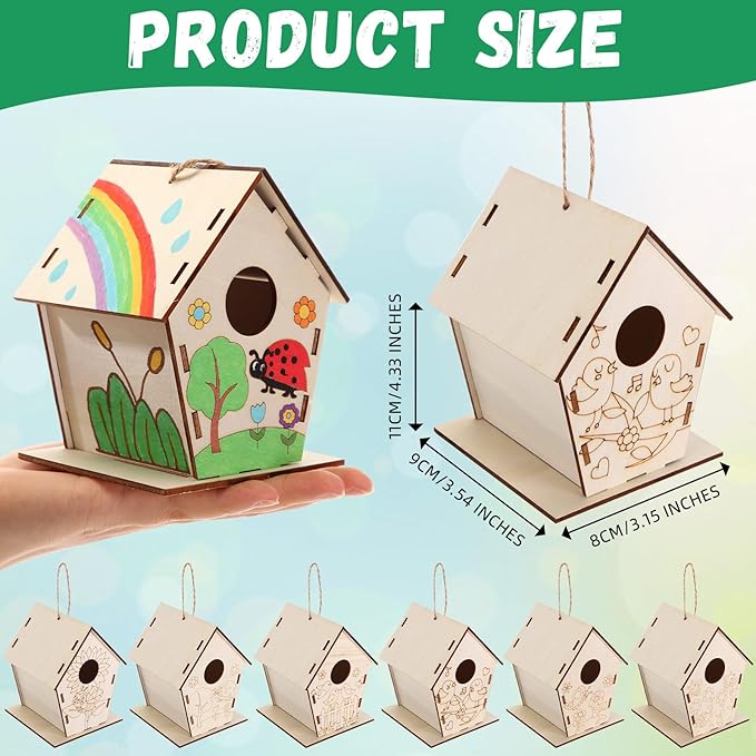 24 Pack Wooden Bird House Bulk for Kids Birdhouse Kit Wood Houses for DIY Unfinished Hanging Birdhouse Kits Wooden Craft Houses to Paint VBS Craft Family Crafts