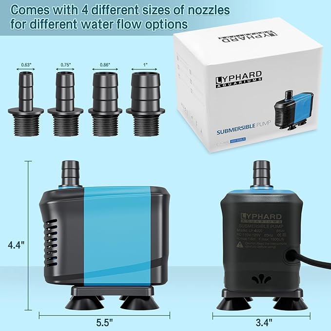LYPHARD AQUARIUMS 65W Submersible Water Pump Flow 770GPH, High Lift 8.2ft, Ultra Quiet Pond Pumps Aquarium Pump for Fish Tank, Hydroponics, Outdoor Fountain