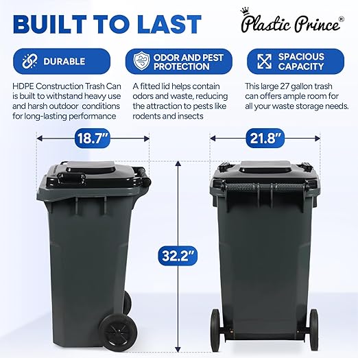 27 Gallon Outdoor Trash Can with Lid and Wheels Small Wheeled Outdoor Garbage Cans Storage Outside Heavy-Duty Rolling Trash Bin for Home Office Commercial Use, Plastic Gray 2 Pack