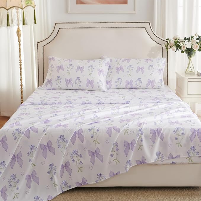 Purple Bow Sheet Set Twin Garden Floral Fitted Sheet Set for Girls Kids Soft Microfiber Fitted Flat Sheets & Pillowcases Cute Princess Style Bowknot Bedding Sets Toddlers 3 Pieces