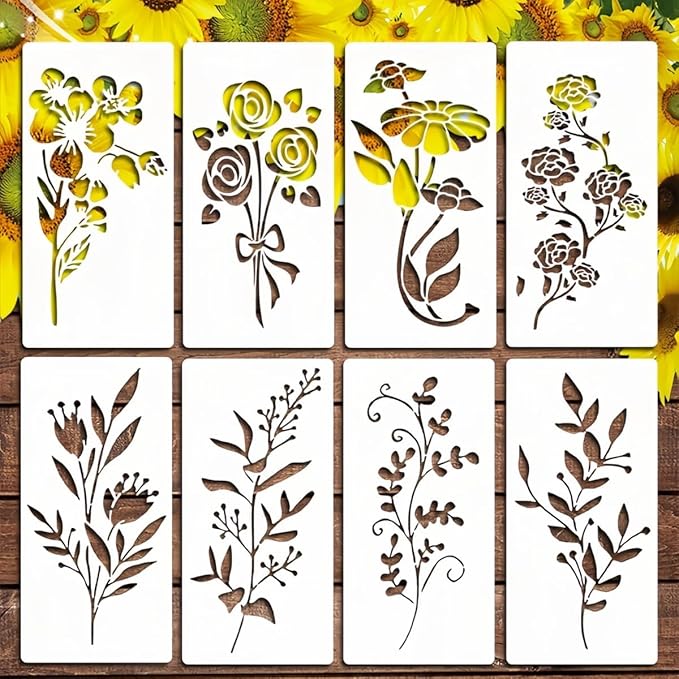8 Pcs Large Flower Stencils for Painting, 2.9 X 5.9 Inch Flower Stencils for Crafts Reusable, Wood and Wall Stencils for Painting Large Pattern, DIY Templates Holiday Wall Paper (G)