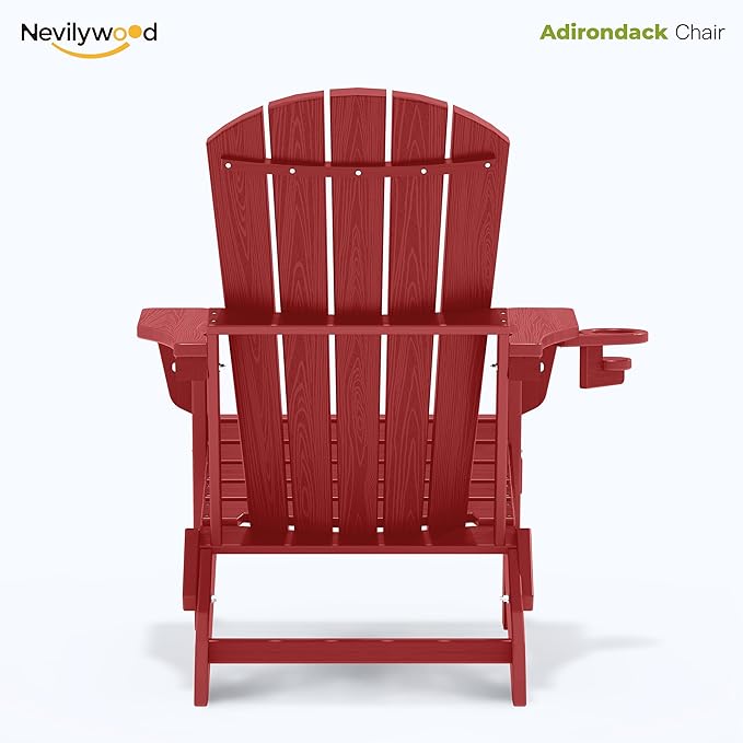 nevilywood Folding Adirondack Chair with Cup Holder Set of 2,HDPE All-Weather Patio Chairs,Plastic Outdoor Chairs- Looks Exactly Like Real Wood- Red