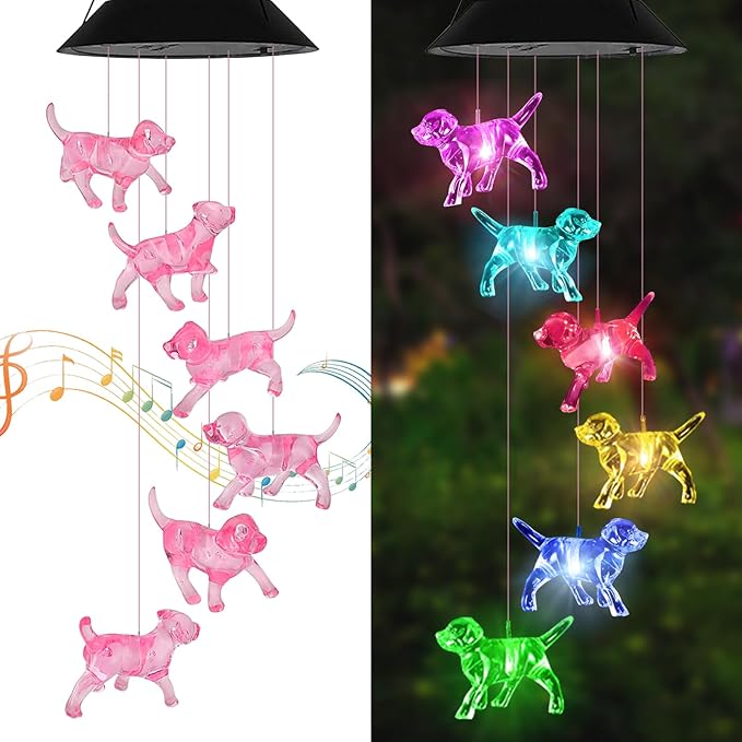 Dog Solar Wind Chimes for Outside - AIONASA Color Changing LED Solar Hanging Lights Outdoor, Waterproof Windchimes Outdoors Hanging Gifts for Mom Grandma Women, Home Garden Patio Yard Porch Decoration