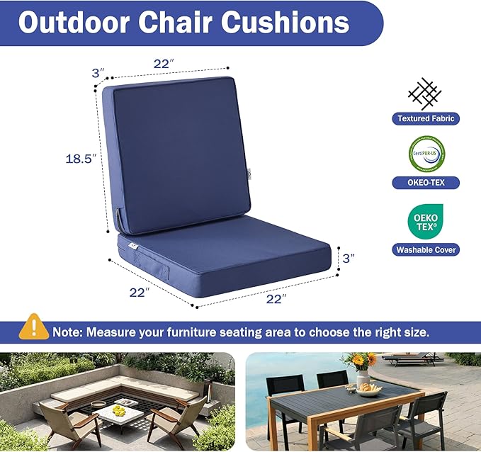 Outdoor Cushions, Outdoor Chair Cushions 22x22x3 Inch, Cushions for Outdoor Furniture with Removable Cover, Waterproof & Fade Resistant Outdoor Seat Cushions for Patio, Lawn, Navy Blue