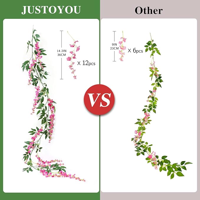 JUSTOYOU 3PCS 7FT 12 Stem Artificial Wisteria Vine Garland Fake Flower Wisteria Garlands for Outdoor Indoor Wedding Wall Badroom Decoration(Fuchsia)