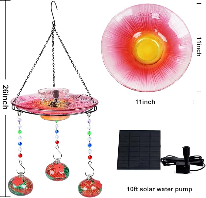 Hummingbird Feeder Glass with Hanging Bird Bath for Outside Combo Set,12 Fluid Ounces,Solar Hummingbird Bath with Fountain (11inch),Backyard, Patio Garden Yard Decoration (Red)
