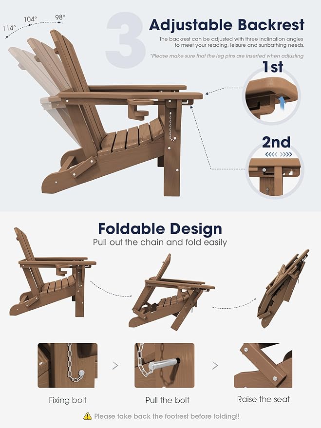 KINGYES Folding Adjustable Adirondack Chair with Ottoman & 2 Cup Holders Set of 4, HDPE Recliner Adirondack Chair with Footrest, Brown