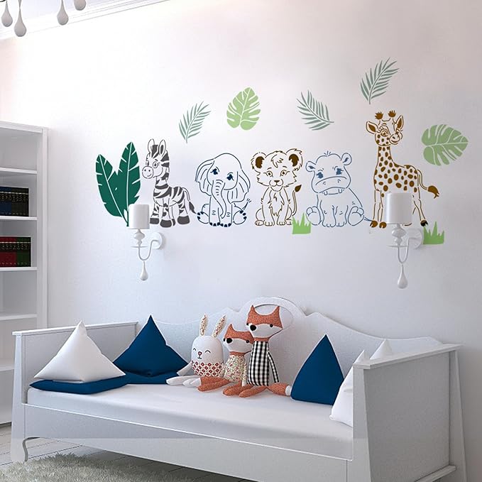 MAYJOYDIY 3pcs Small Animal Stencils Giraffe Zebra Lion Rhinoceros Elephant Tropical Leaves Painting Stencils 11.8×11.8inch with Paint Brush DIY Craft for Wood Wall Fabric Decors